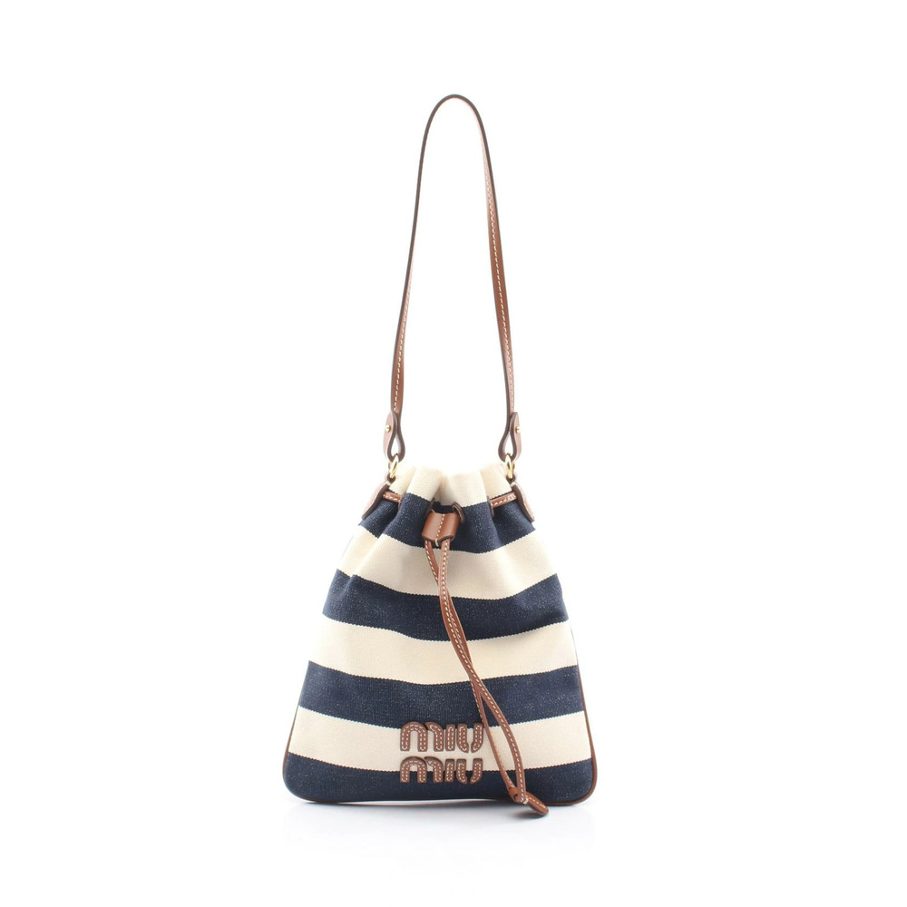 Miu Miu Bucket Bag Striped Drawstring Handbag Canvas Leather Navy Blue Ivory